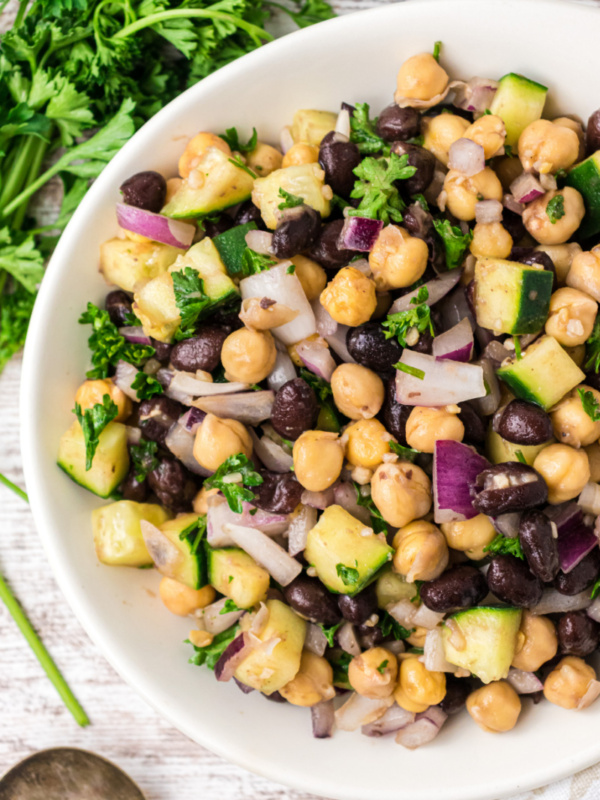 two bean salad in a white bowl