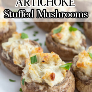 pinterest image for artichoke stuffed mushrooms