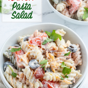 pinterest image for bacon ranch pasta salad