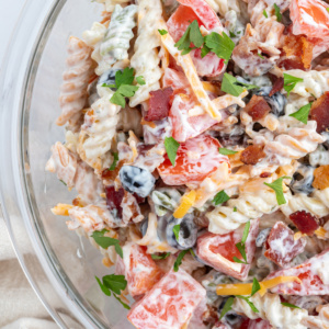 side view of bacon ranch pasta salad bowl