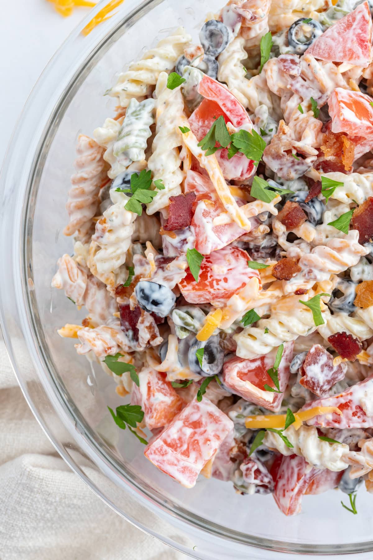 side view of bacon ranch pasta salad bowl