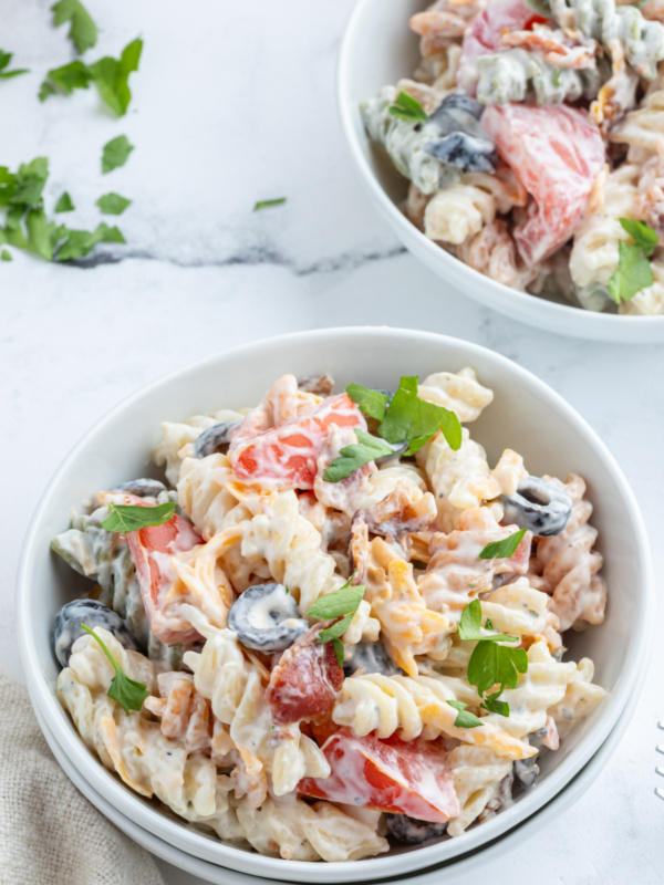 bacon ranch pasta salad in bowl