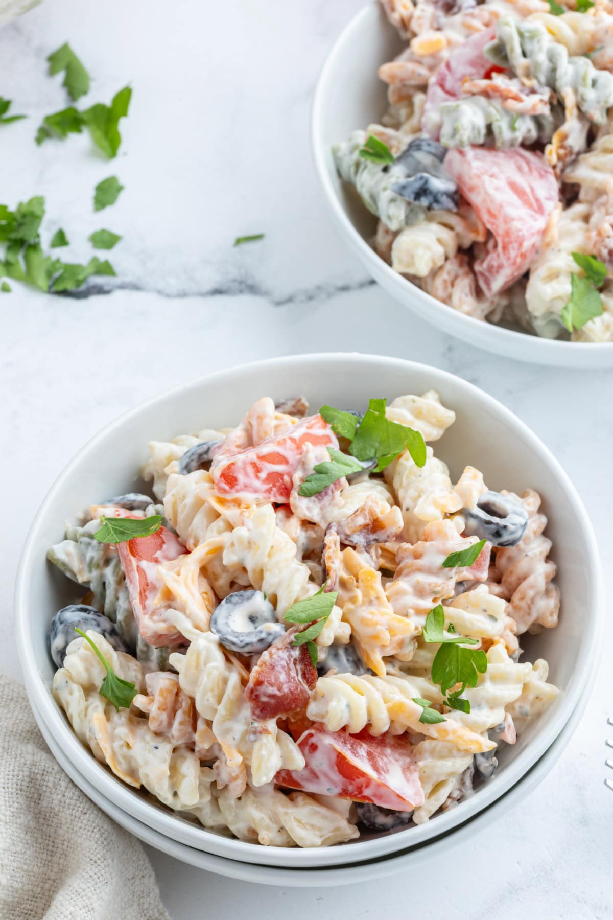 bacon ranch pasta salad in bowl