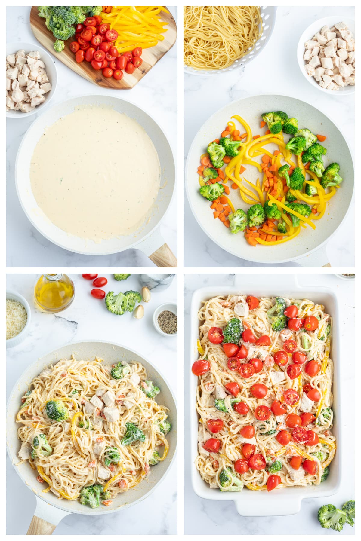 four photos showing how to make baked lemon chicken spaghetti primavera