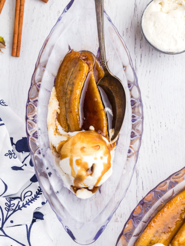 bananas foster in a dish with ice cream