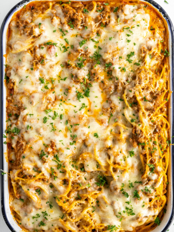 beef spaghetti casserole in a baking dish