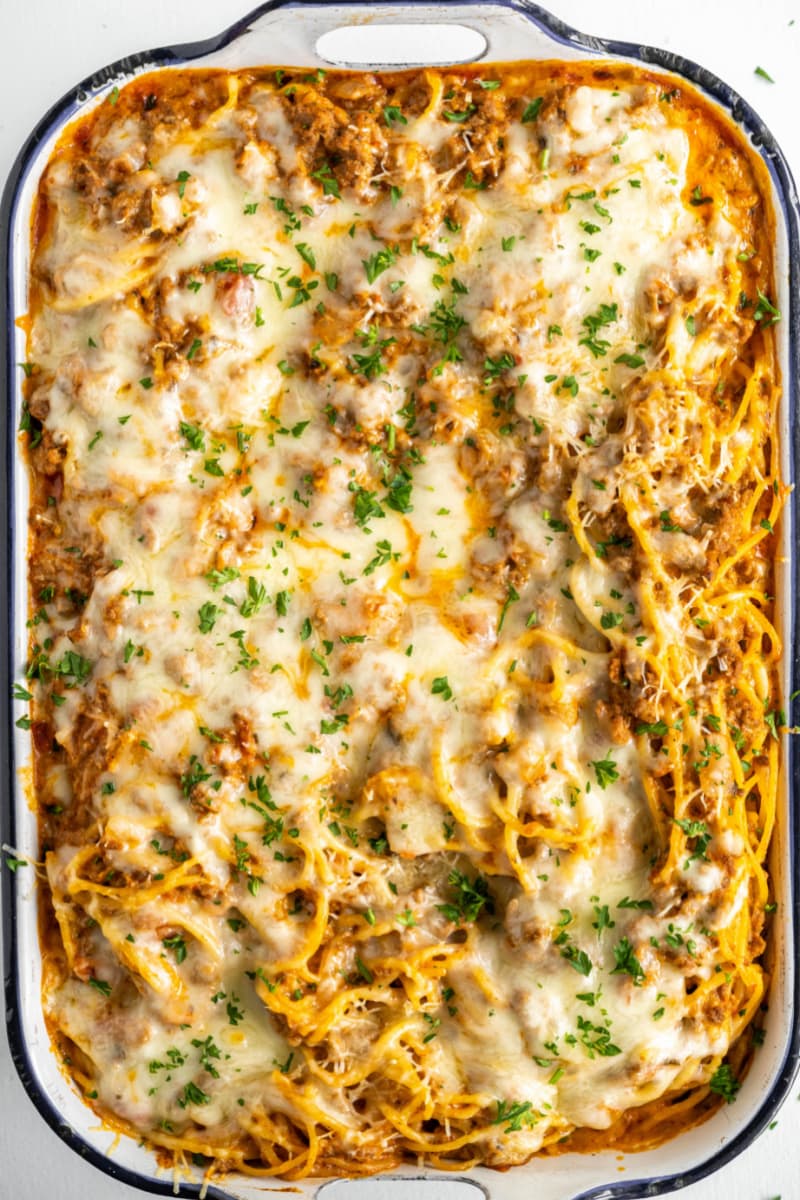 beef spaghetti casserole in a baking dish