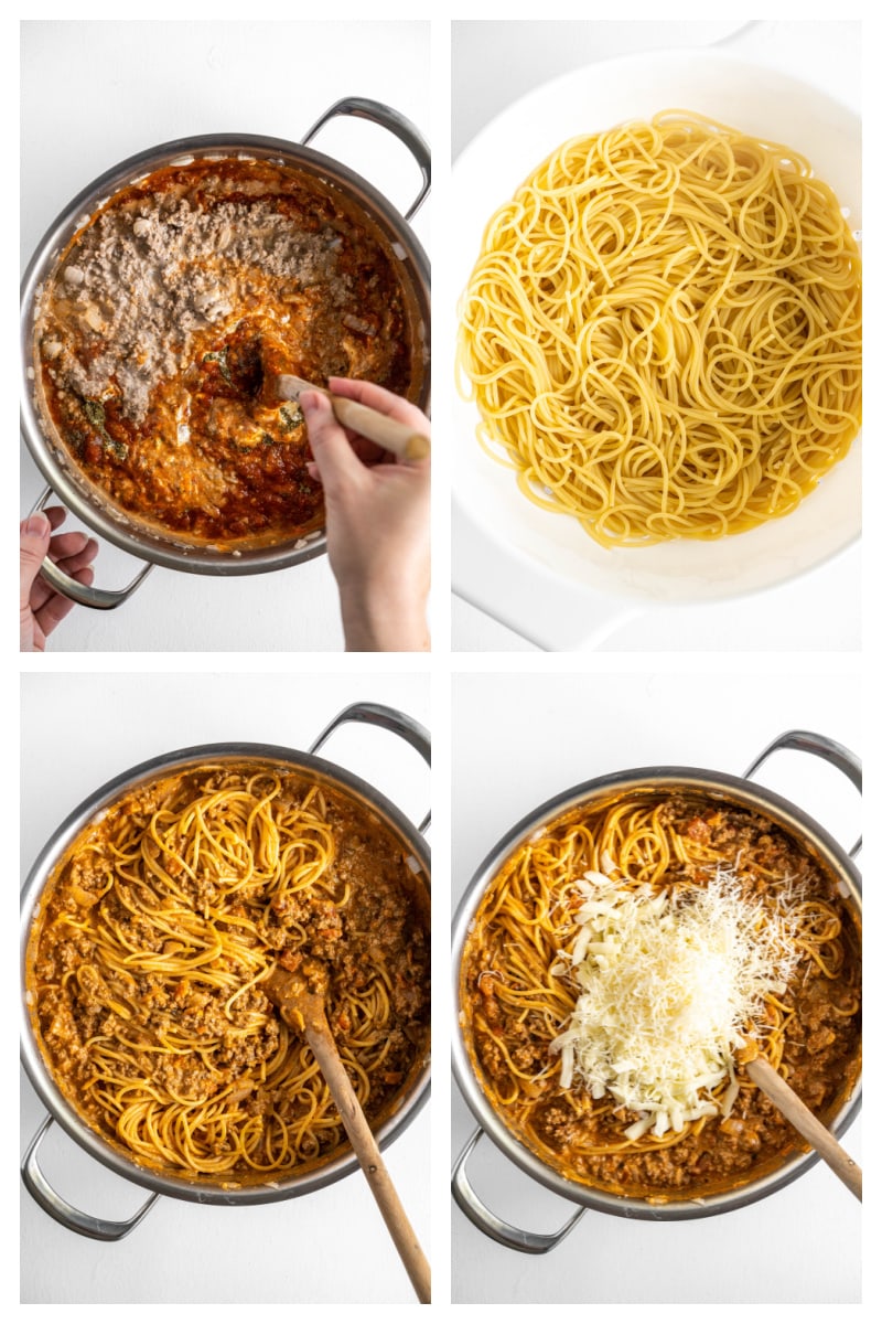 four photos showing the making of beef spaghetti casserole in a pot