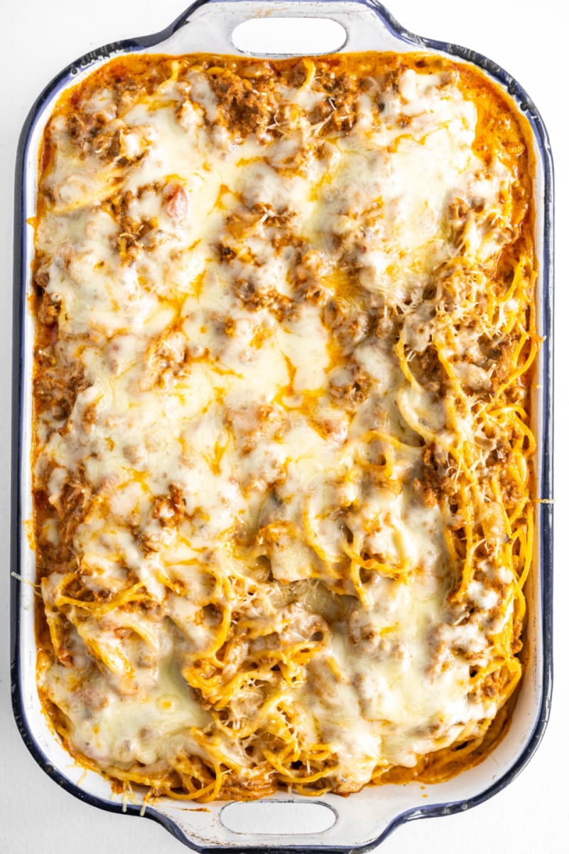 beef spaghetti casserole in a baking dish