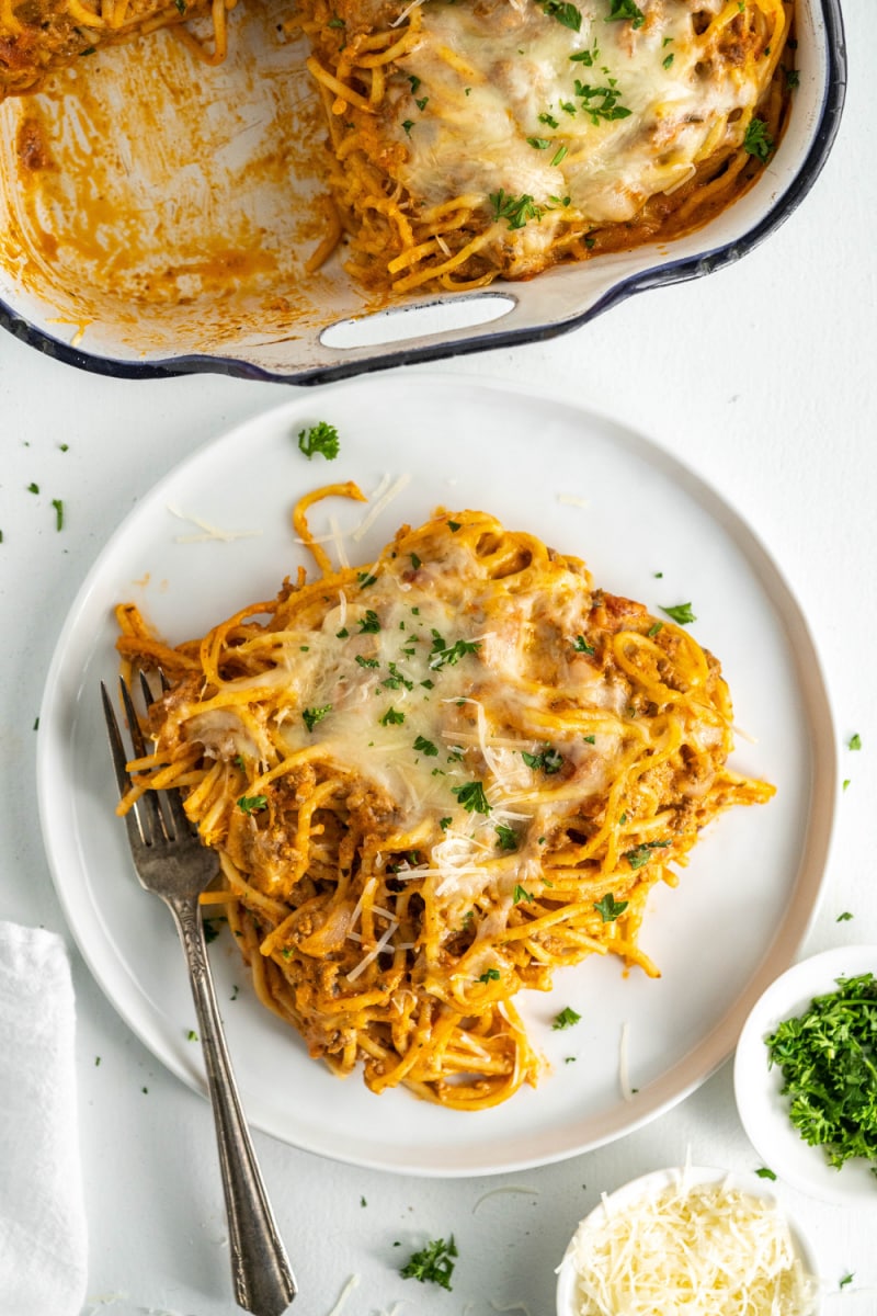 serving of beef spaghetti casserole on a plate