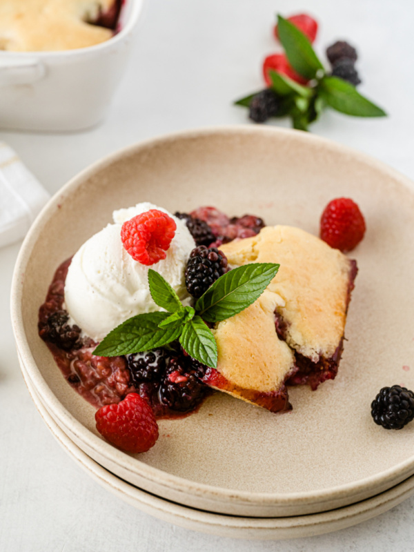 serving of blackberry raspberry cobbler on a plate