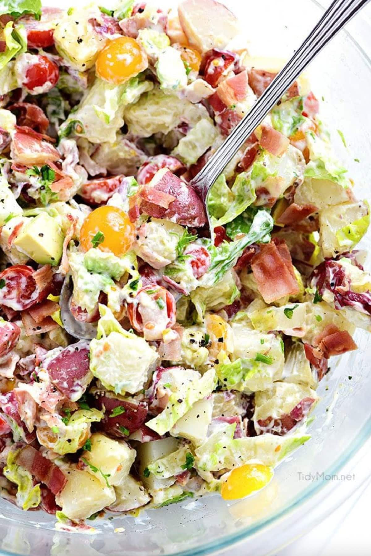 blt red potato salad with avocado in bowl