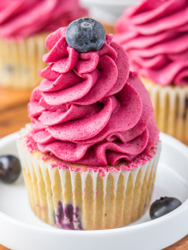 blueberry cupcake piled high with frosting