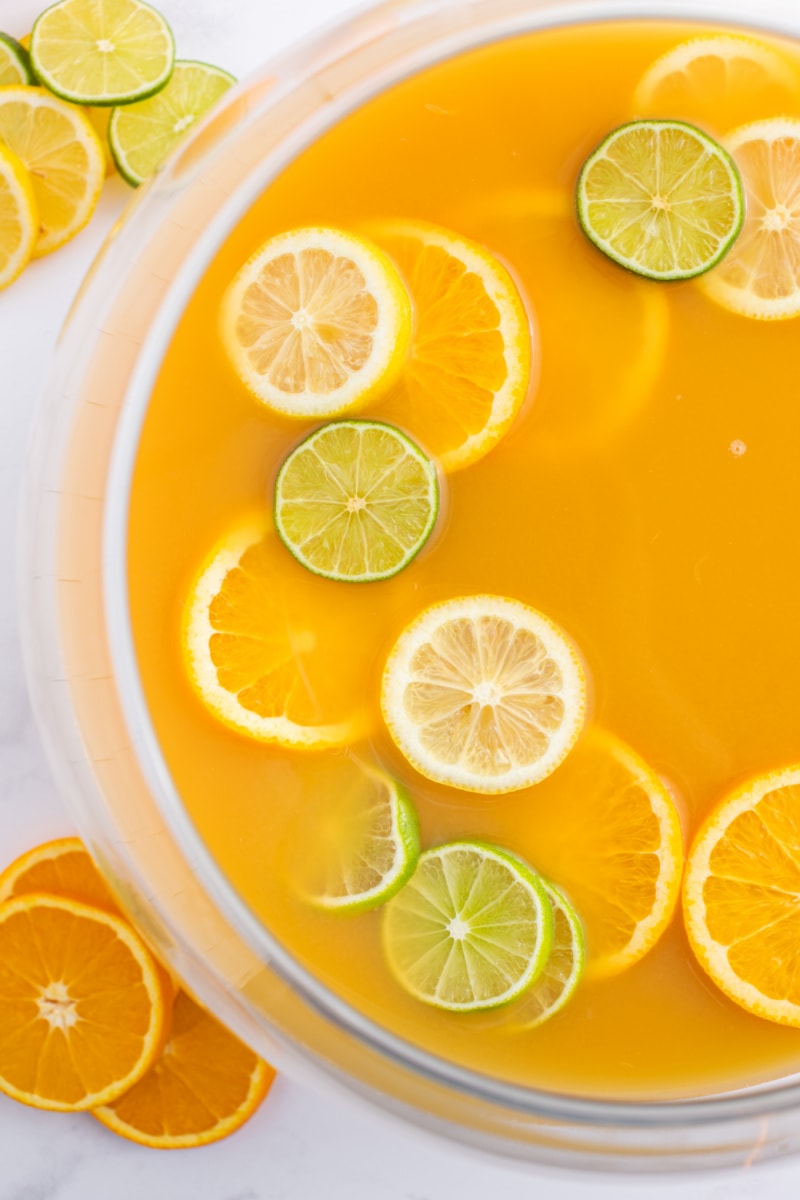 overhead shot of brunch punch in a punch bowl