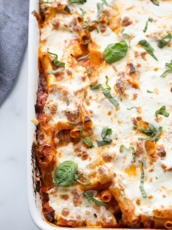 burrata baked ziti in white casserole dish