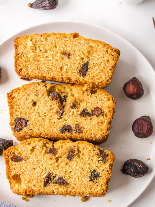 three slices of caramel fig bread on a plate