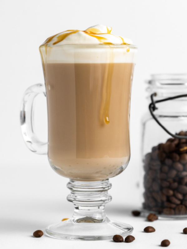 caramel macchiato in a glass mug