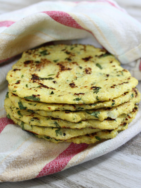 stack of cauliflower tortillas in a cloth napkin