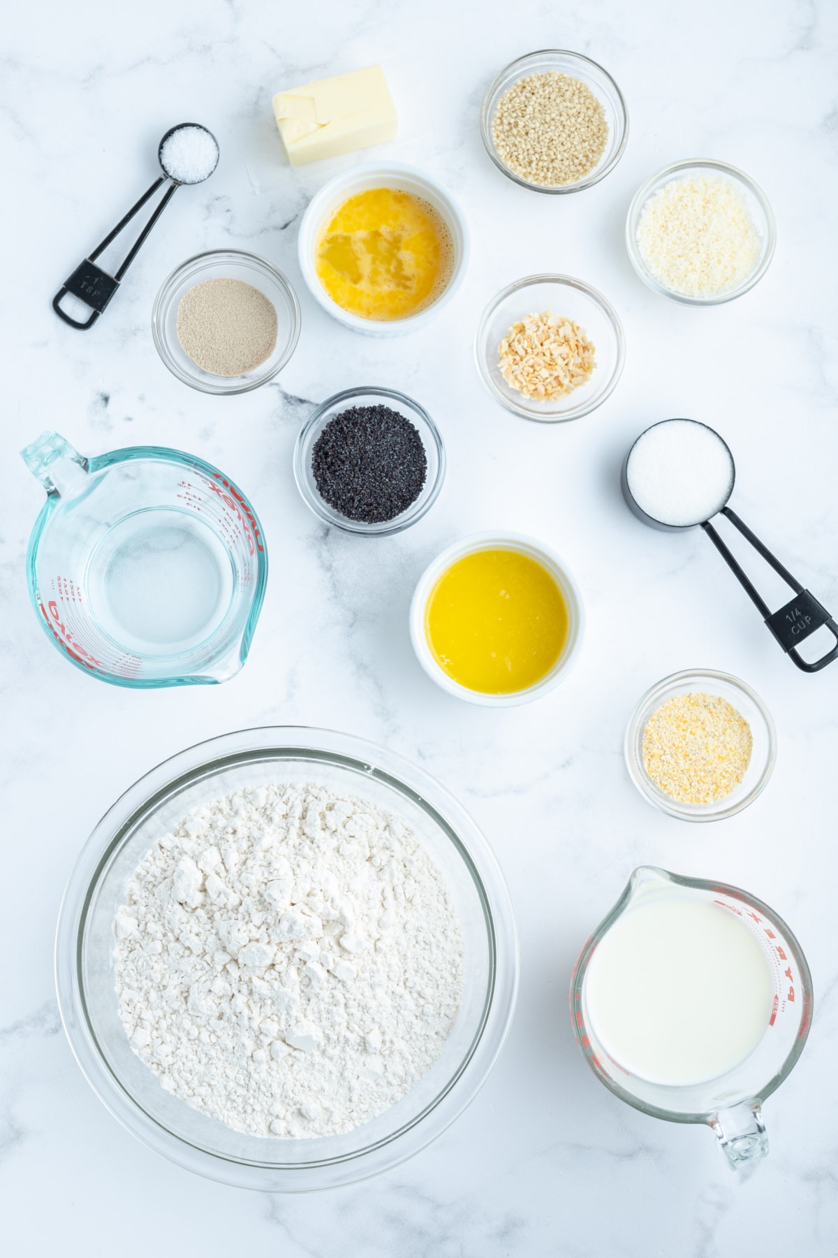 ingredients displayed for making checkerboard dinner rolls