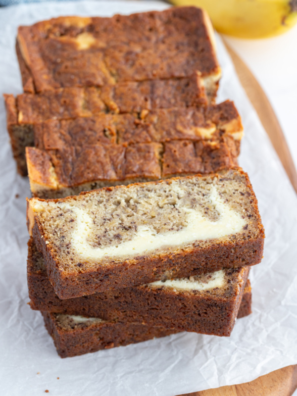 slices of cheesecake banana bread stacked