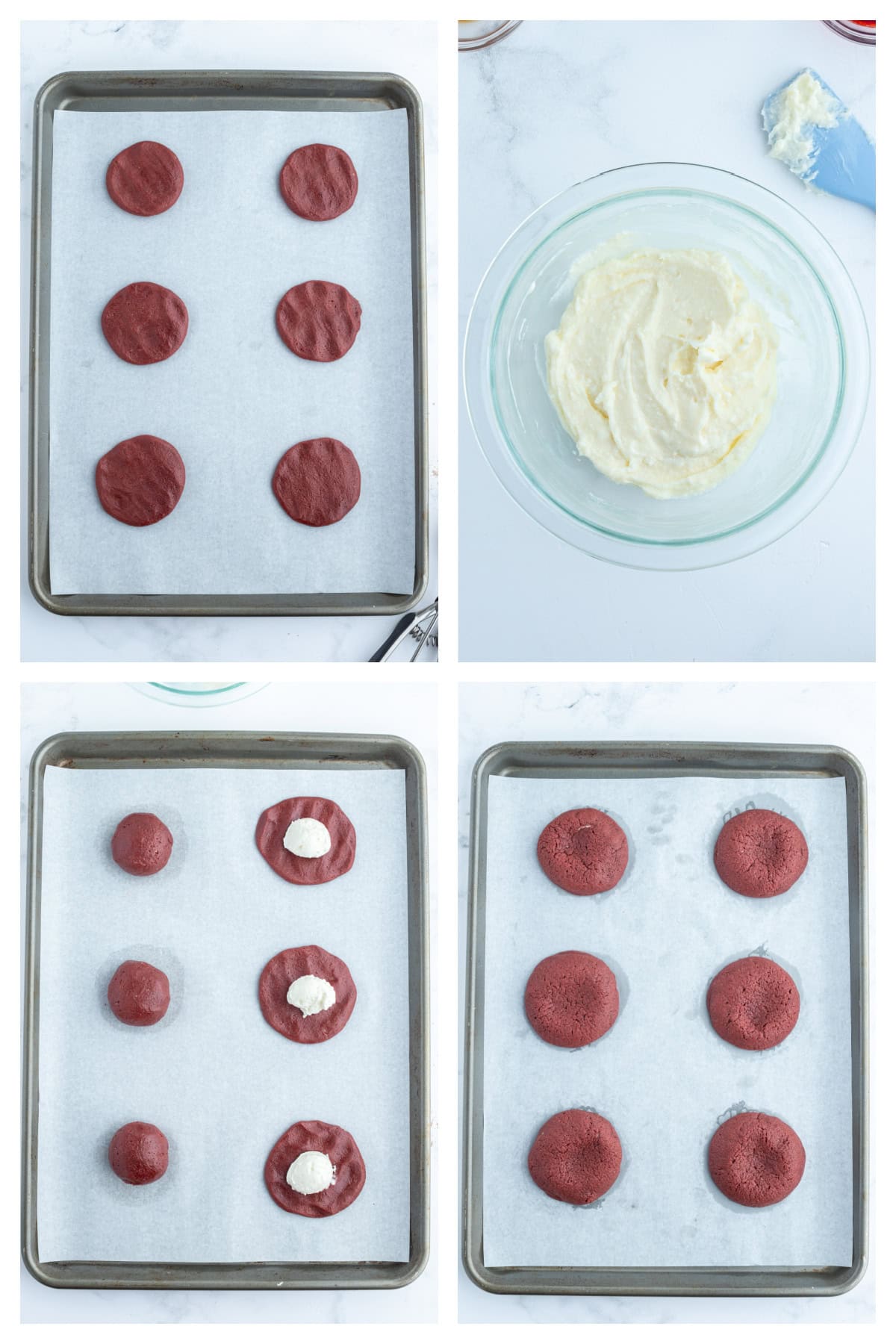 four photos sharing how to make cheesecake stuffed red velvet cookies