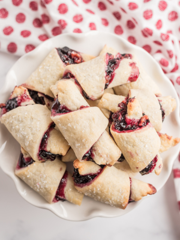 cherry rugelach on a white platter