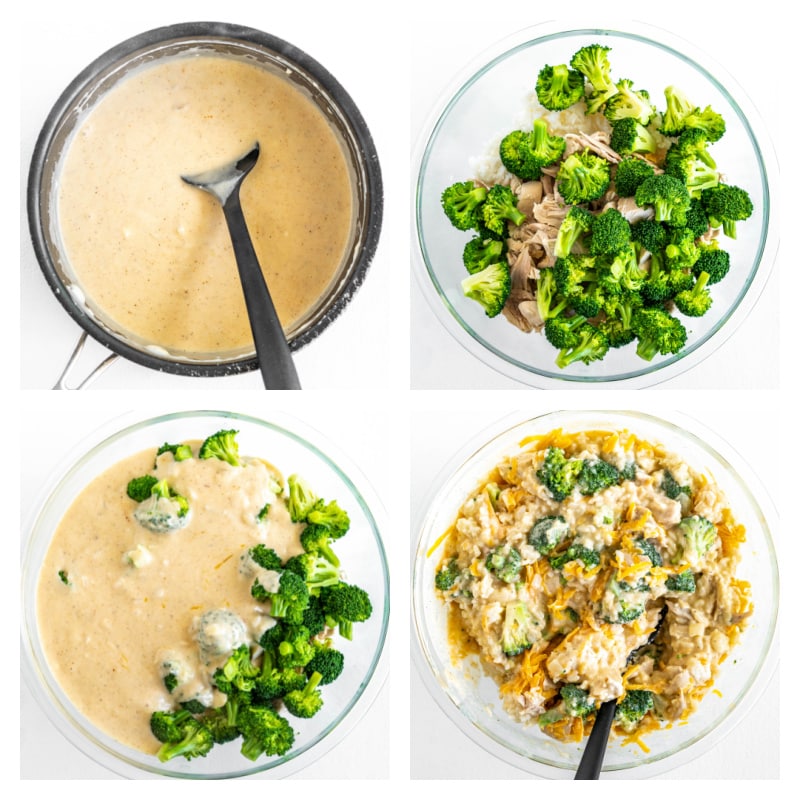 four photos showing process of making chicken and broccoli casserole