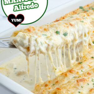 pinterest image for chicken manicotti alfredo