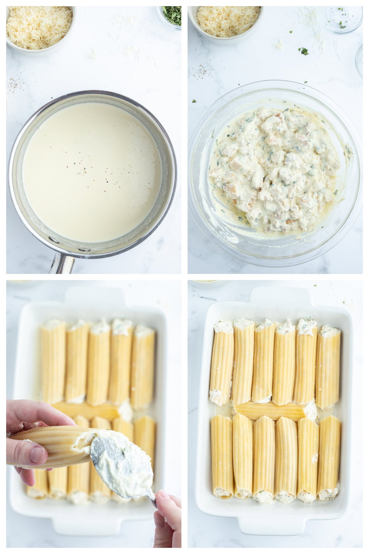 four photos showing how to make chicken manicotti alfredo