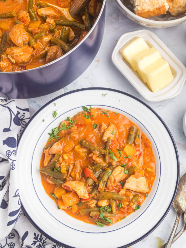 bowl of chicken pumpkin stew