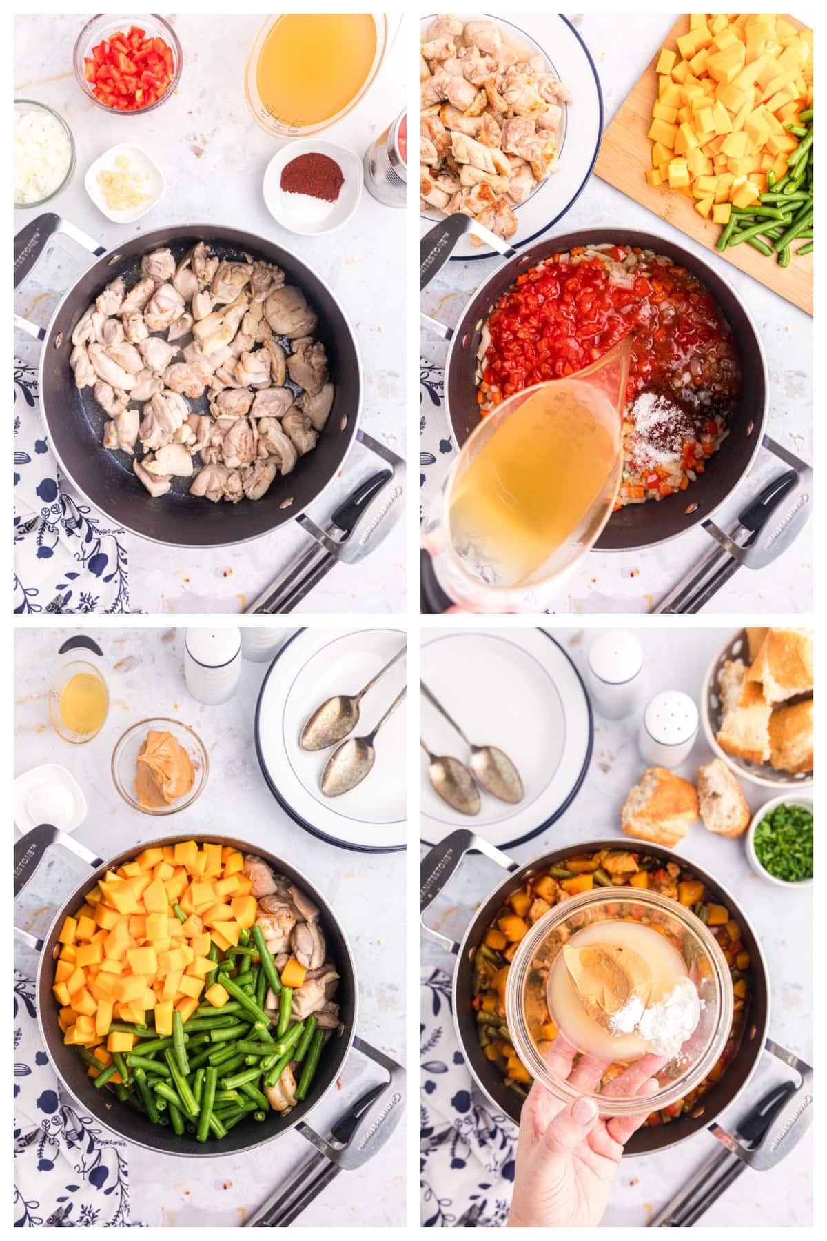 four photos showing how to make chicken pumpkin stew