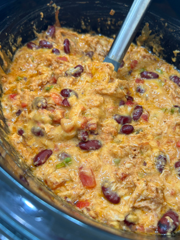 slow cooker chicken taco dip in insert