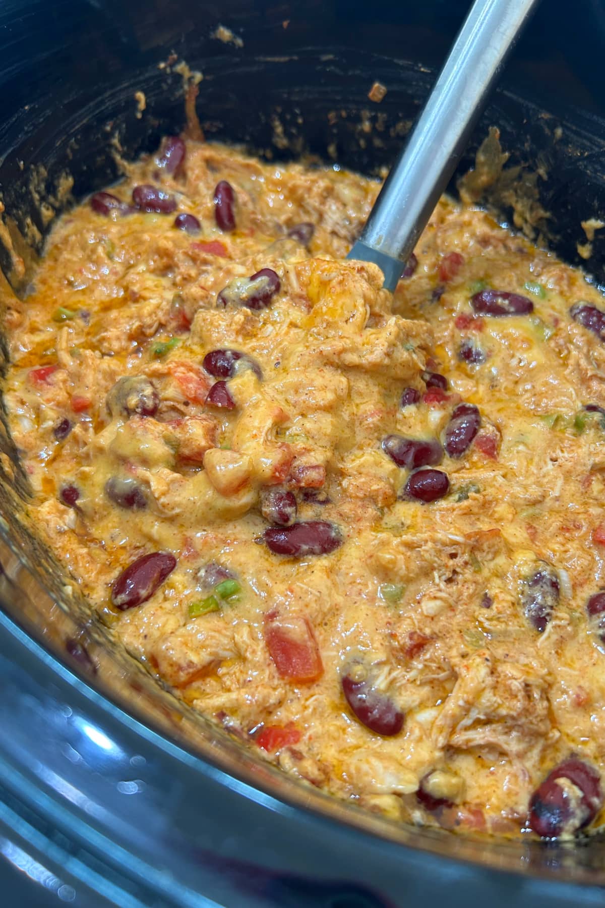 slow cooker chicken taco dip in insert