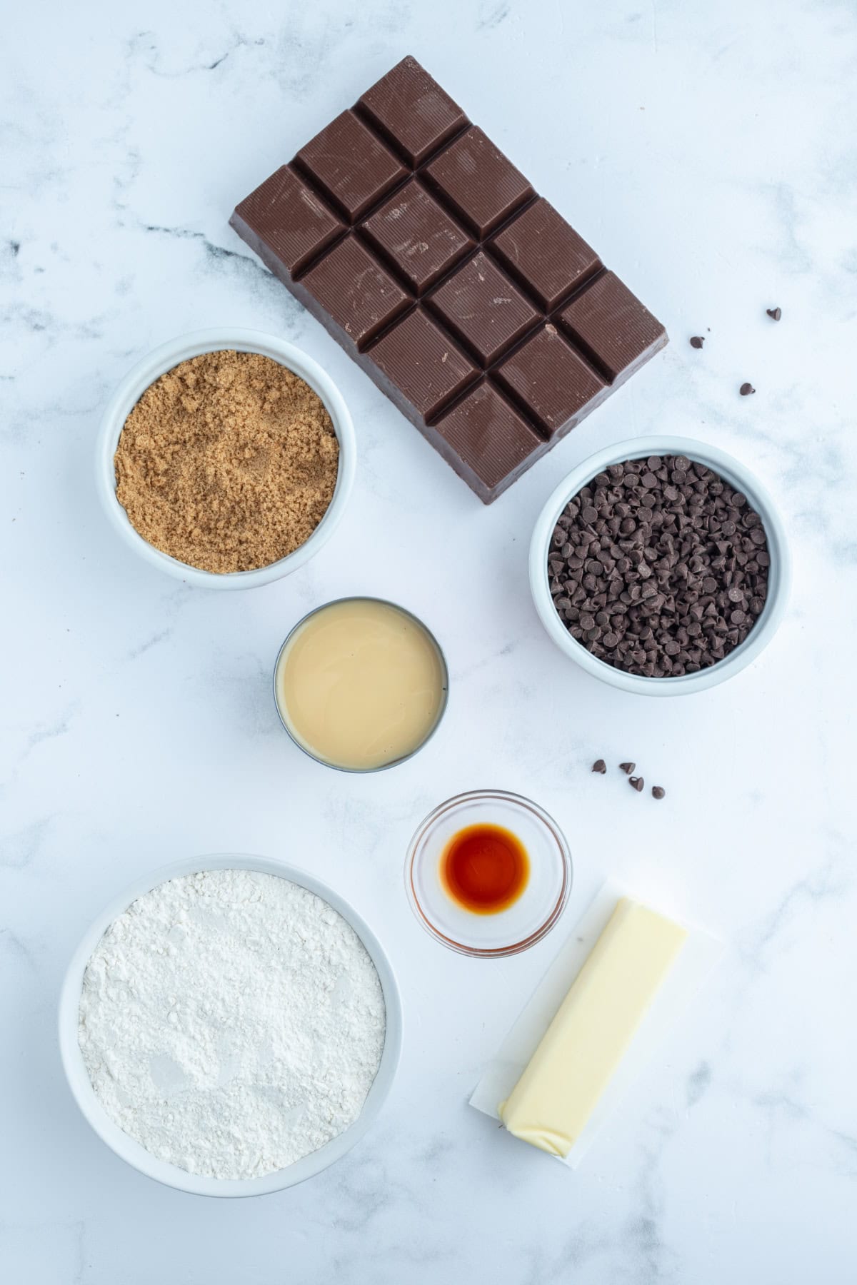 ingredients displayed for making chocolate chip cookie dough truffles