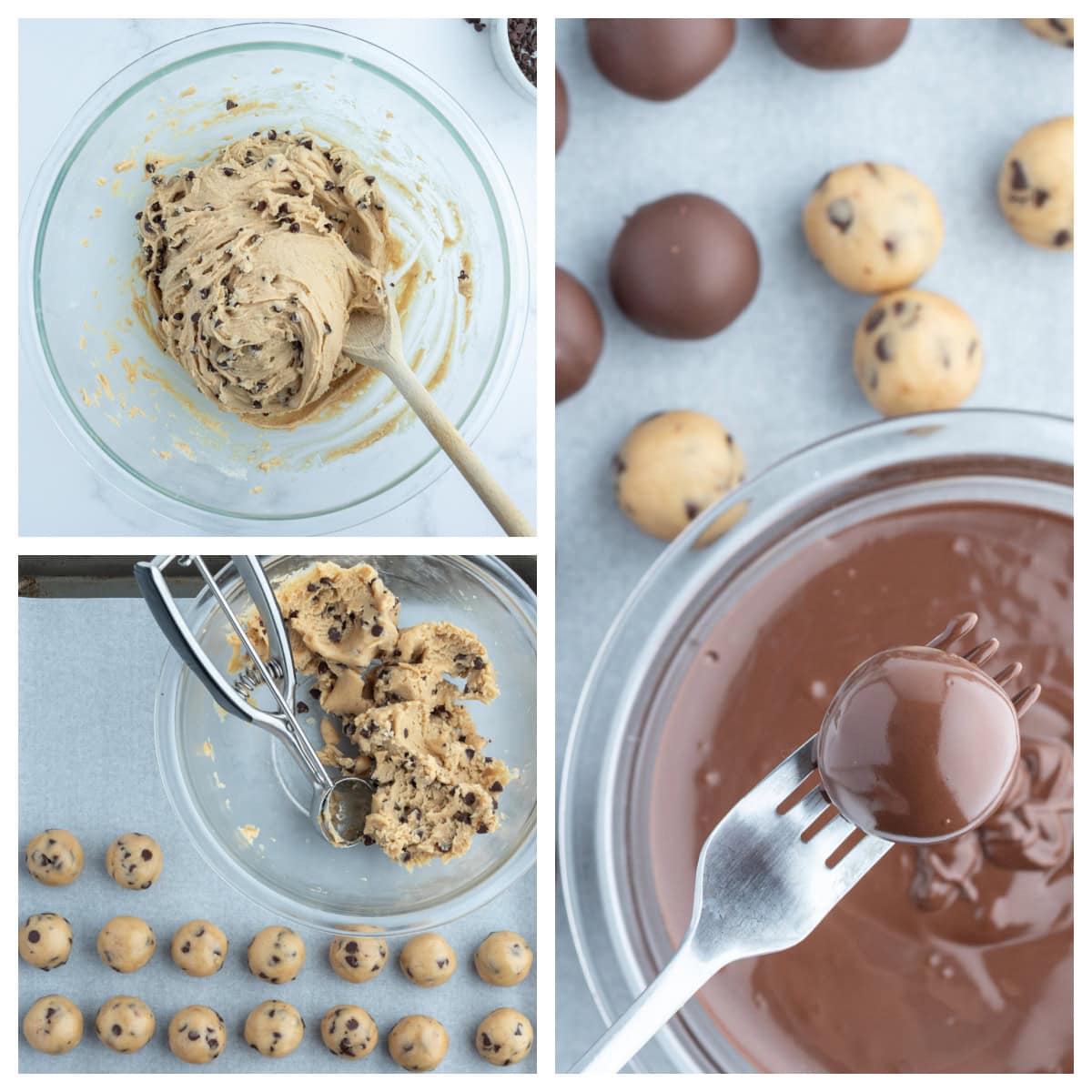 three photos showing how to make chocolate chip cookie dough truffles