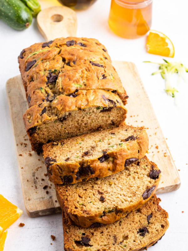 chocolate chunk zucchini bread cut on cutting board