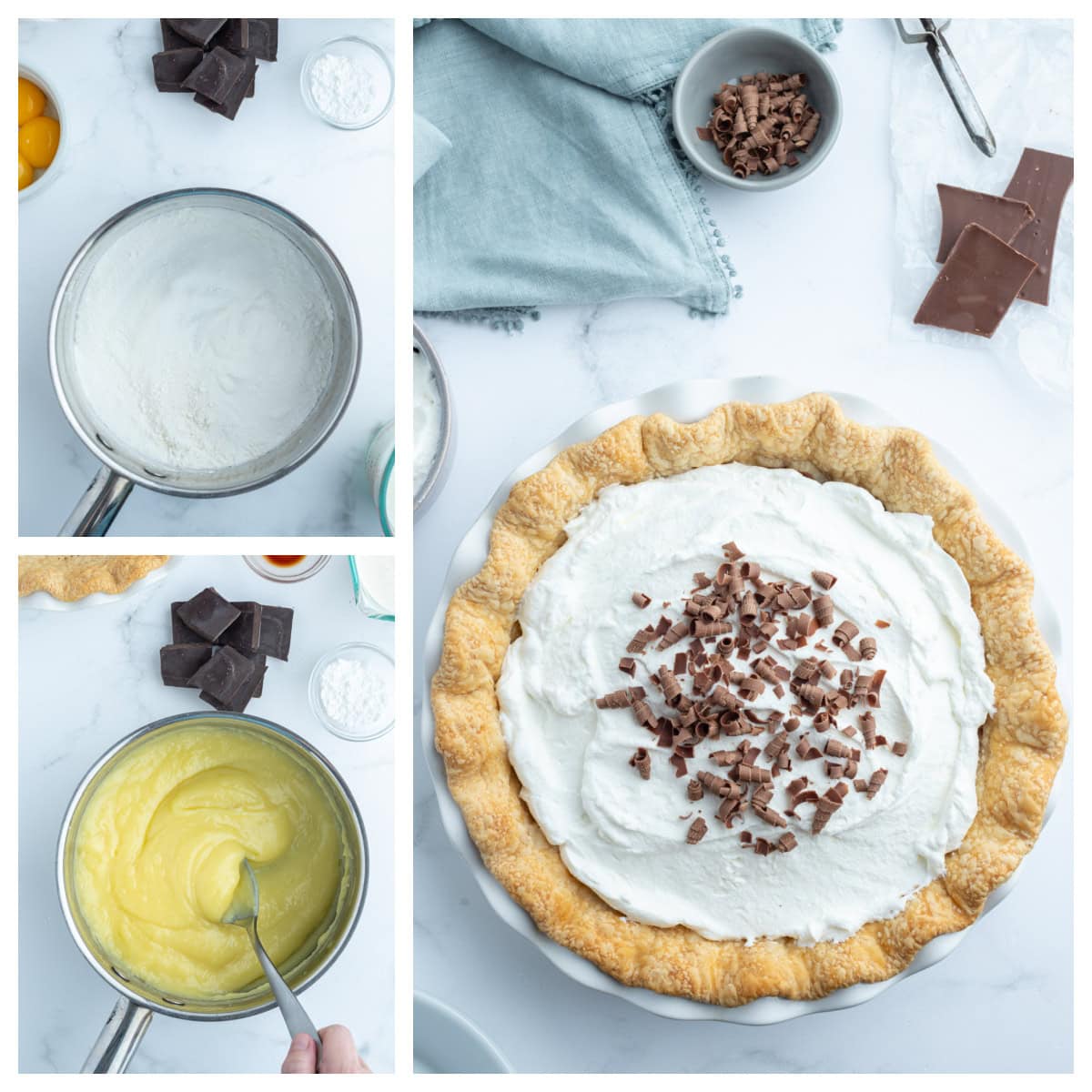 three photos showing process of making chocolate cream pie