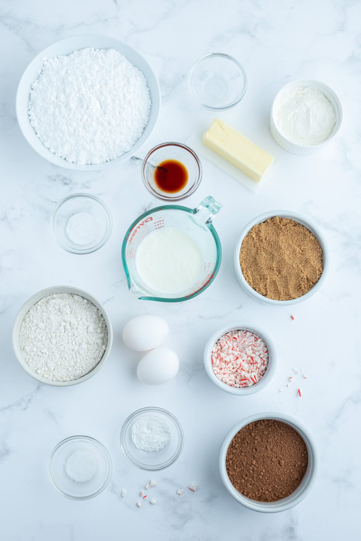 ingredients displayed for making chocolate cupcakes with peppermint icing