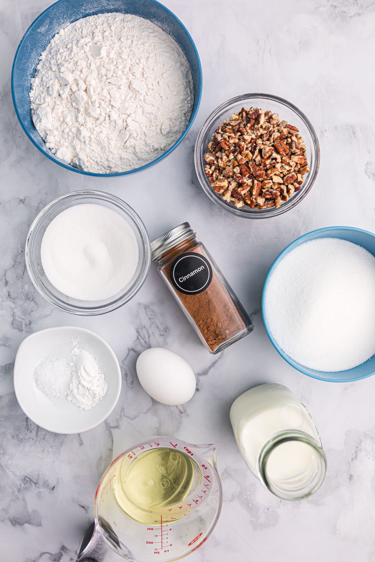 ingredients displayed for making cinnamon pecan bread