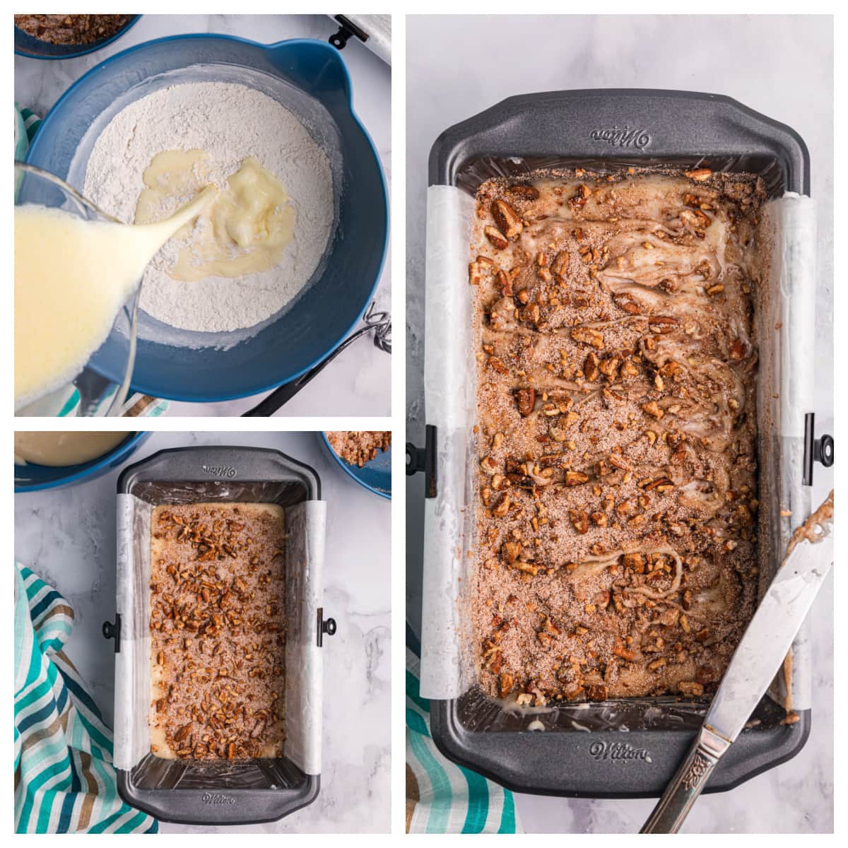 three photos showing how to make cinnamon pecan bread