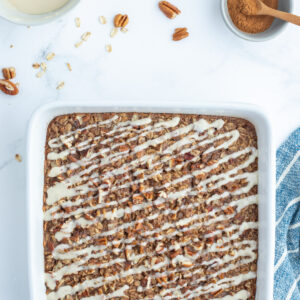 cinnamon roll baked oatmeal in baking dish