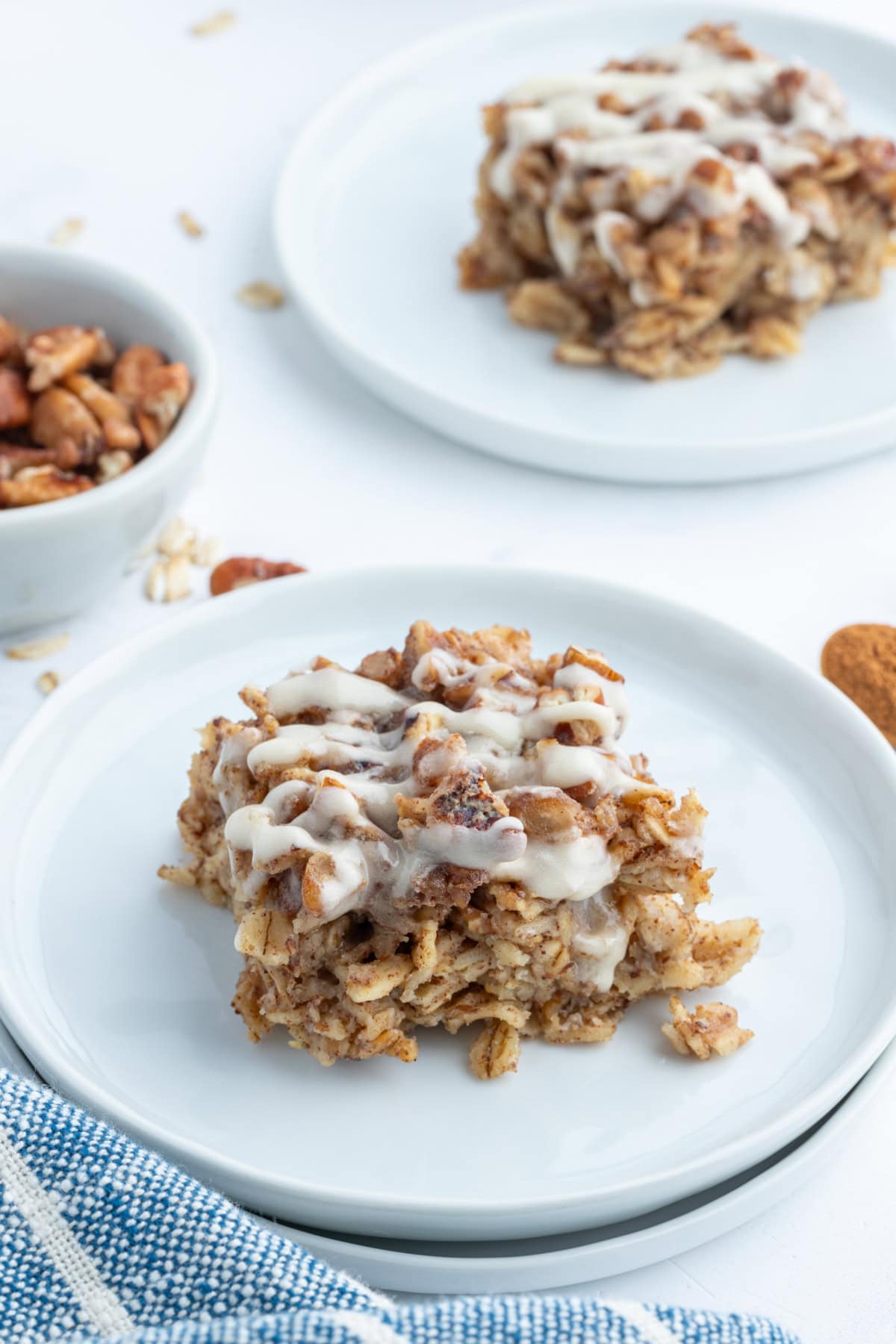 serving of cinnamon roll baked oatmeal on plate