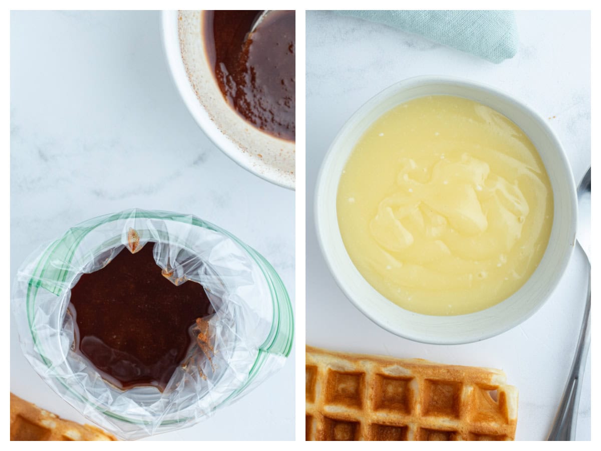 two photos showing cinnamon filling and cream cheese icing for cinnamon roll waffles