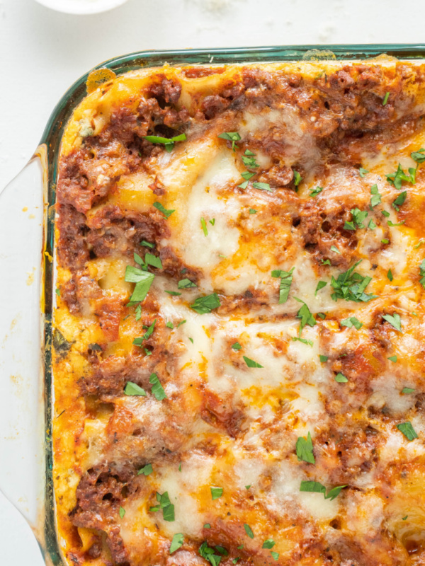 classic beef lasagna in casserole dish