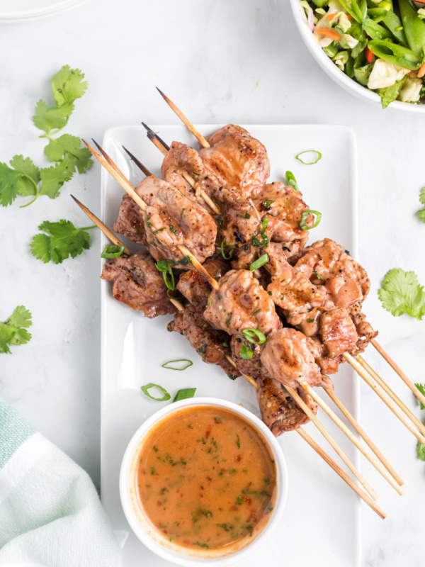 coconut curry pork satay skewers on platter with bowl of sauce