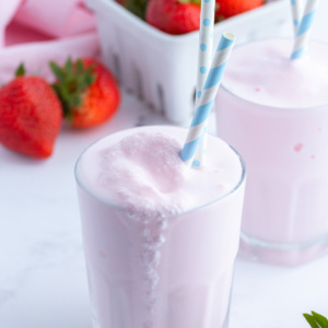 copycat wendy's strawberry frosty in glass with straw