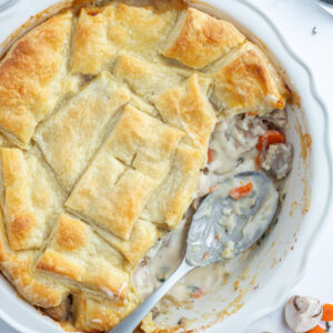 coq au vin pot pie with spoonful taken out