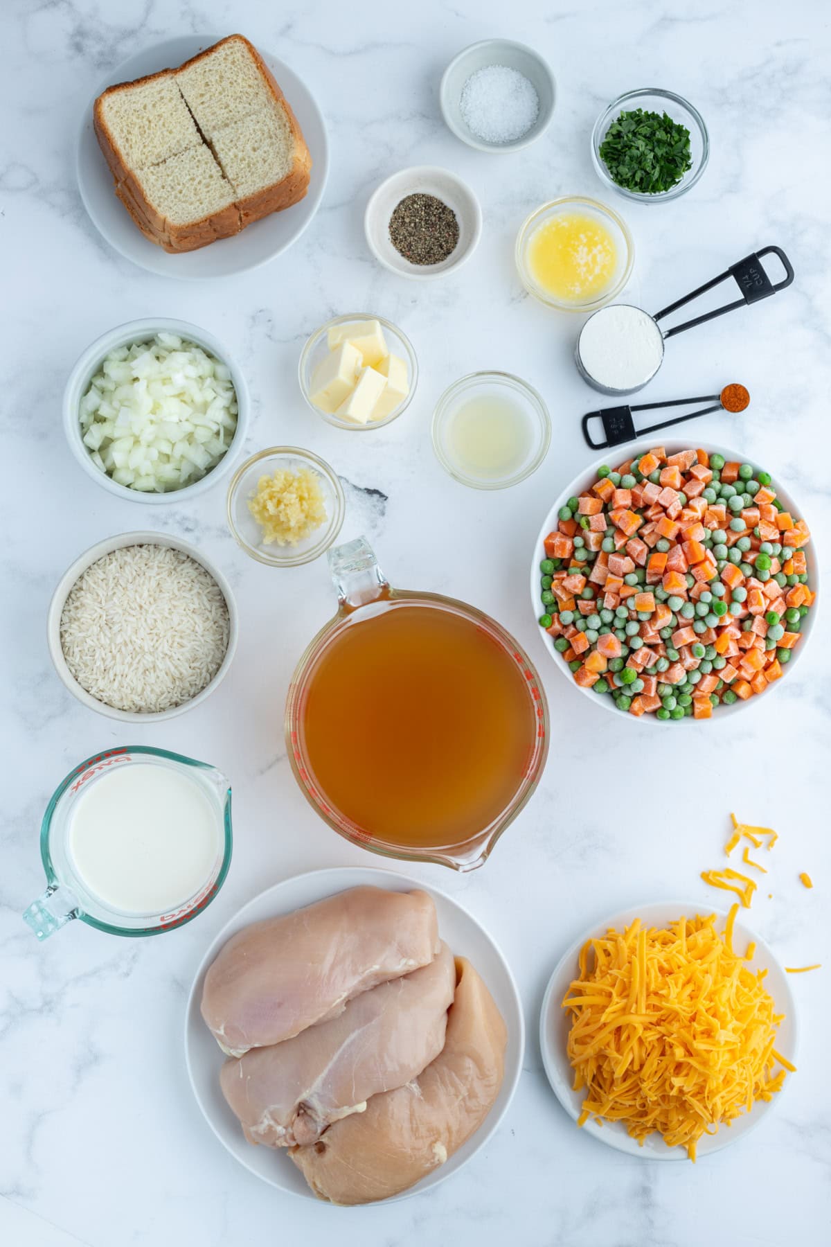 ingredients displayed for making creamy chicken and rice casserole