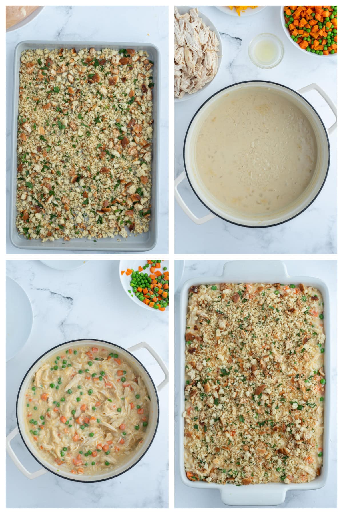 four photos showing how to make creamy chicken and rice casserole