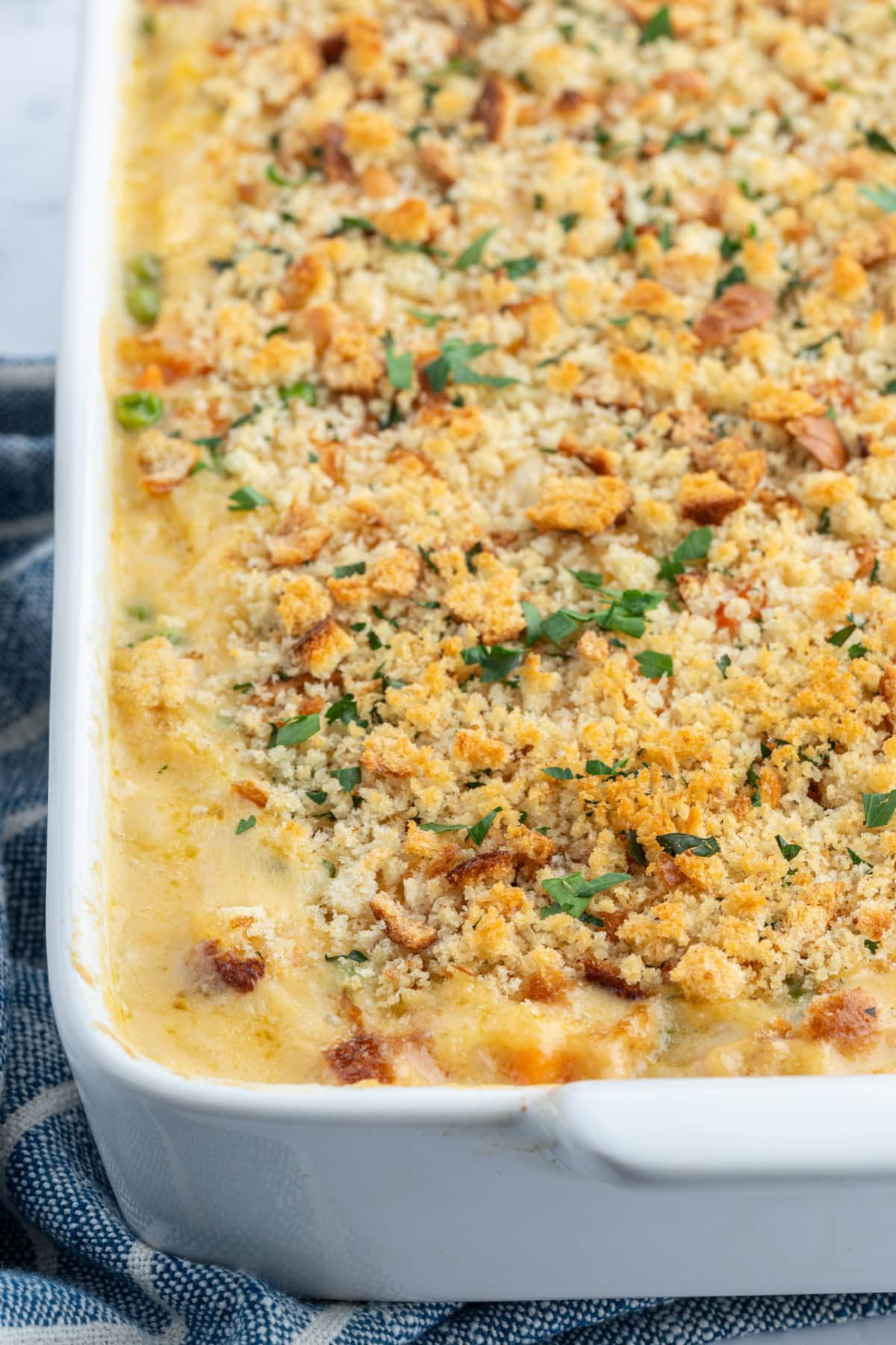 casserole dish full of creamy chicken and rice casserole